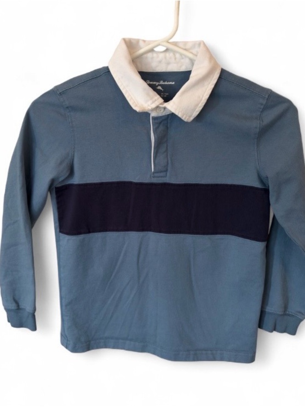 Tommy Bahama Boys Blue Rugby Shirt with Navy Stripe and White Collar